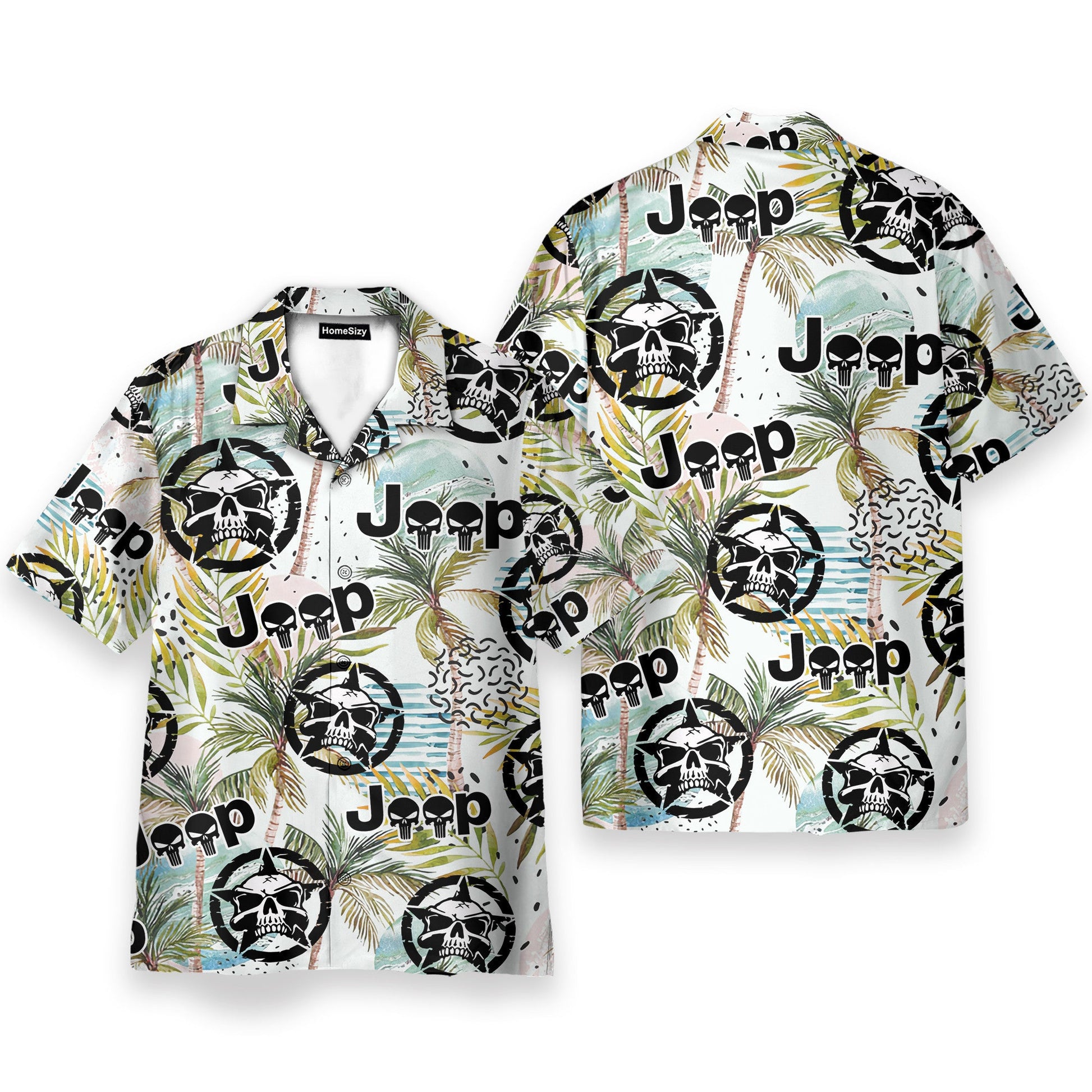 Jeep Skull Tropical Leaves Pattern - Hawaiian Shirt & Beach Shorts