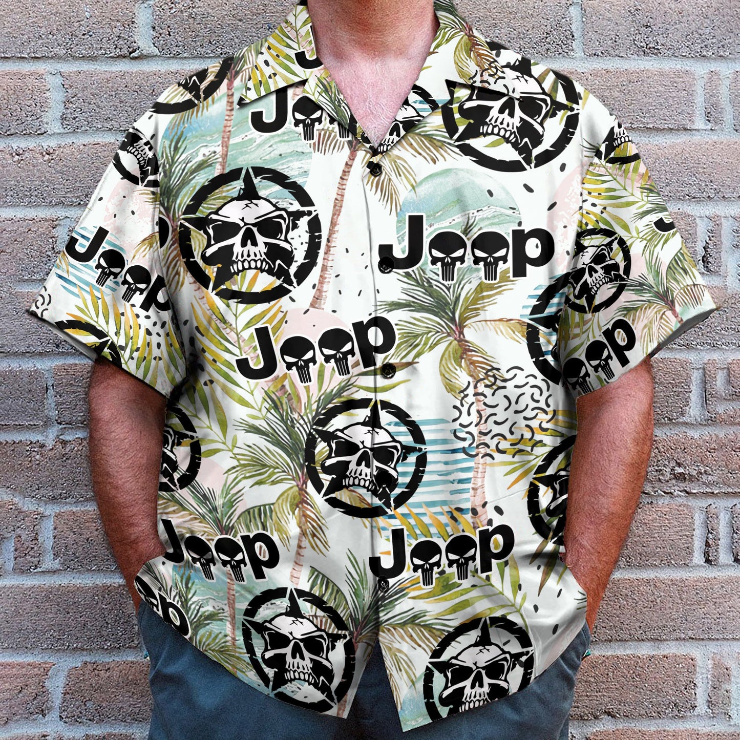 Jeep Skull Tropical Leaves Pattern - Hawaiian Shirt & Beach Shorts