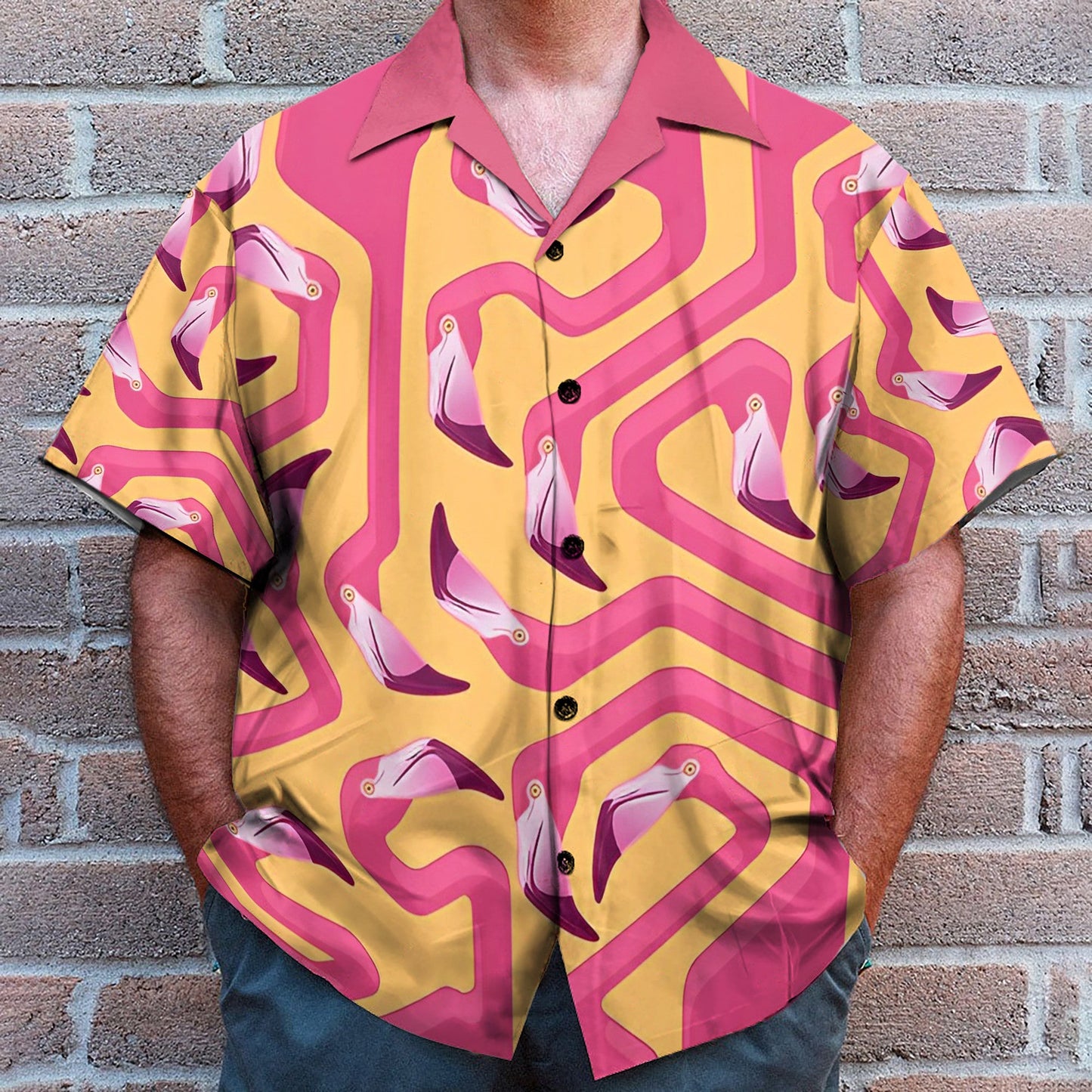 Pink Flamingo Maze Yellow Background - Hawaiian Shirt & Beach Shorts