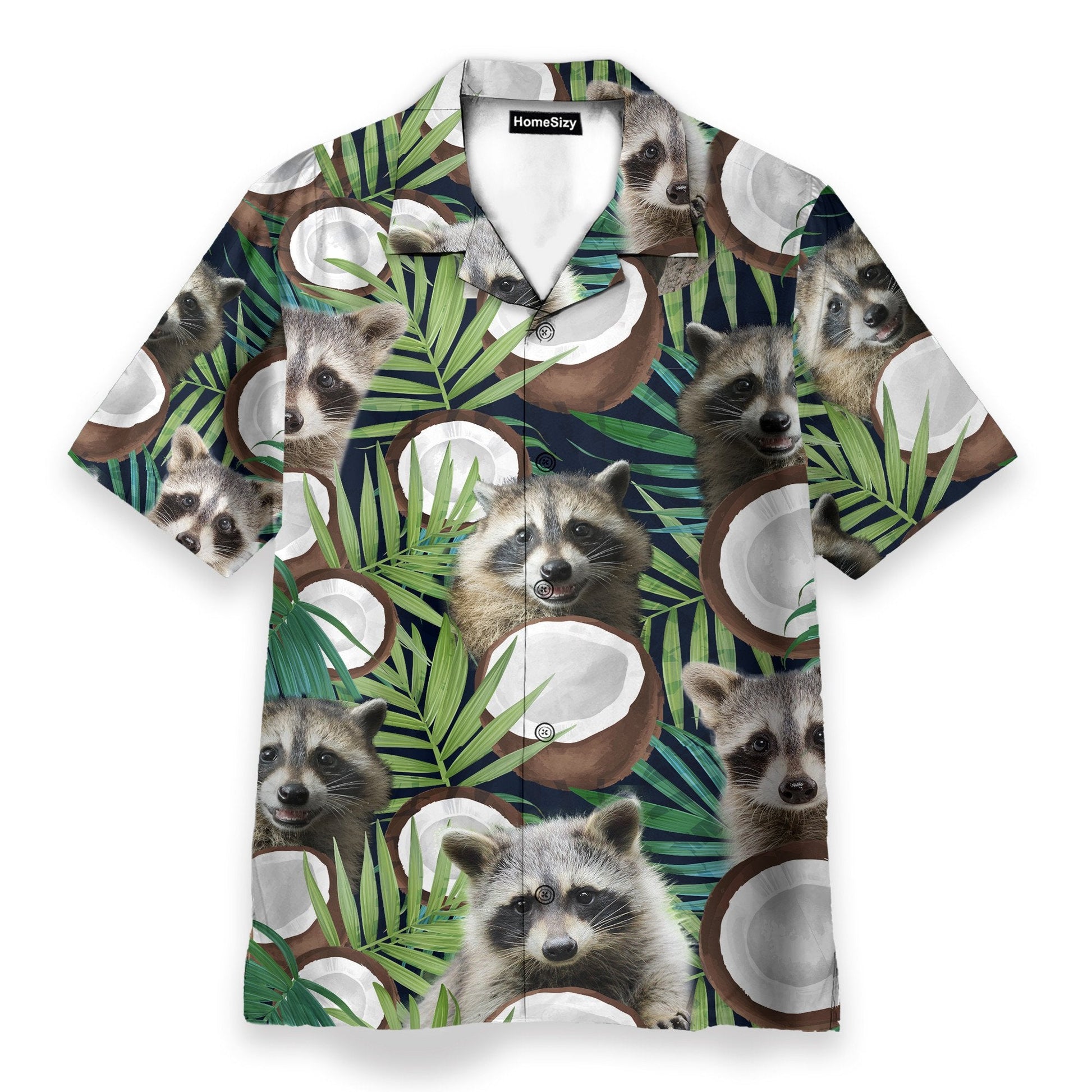 Raccoon With Coconut In Tropical Green Leaves - Hawaiian Shirt