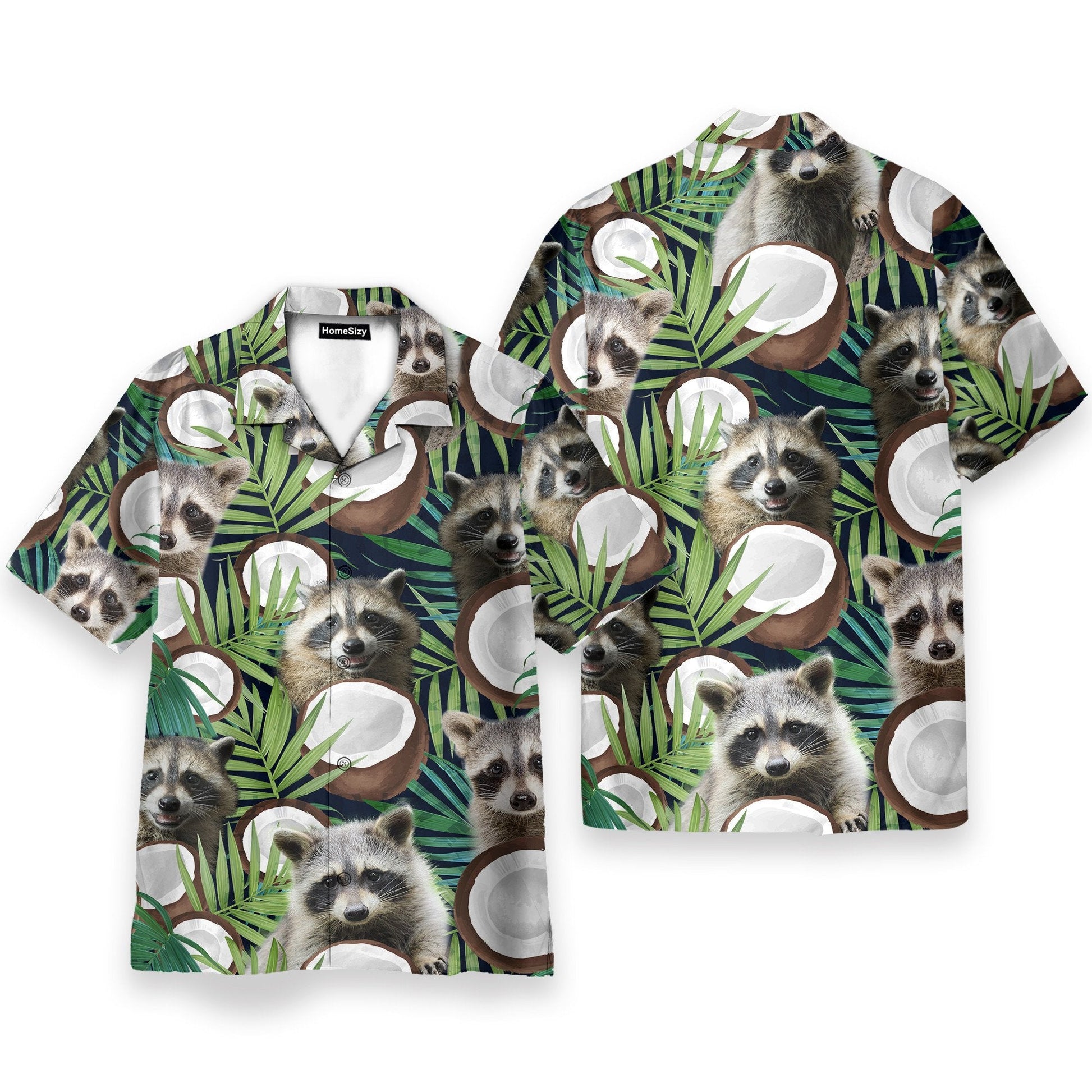 Raccoon With Coconut In Tropical Green Leaves - Hawaiian Shirt