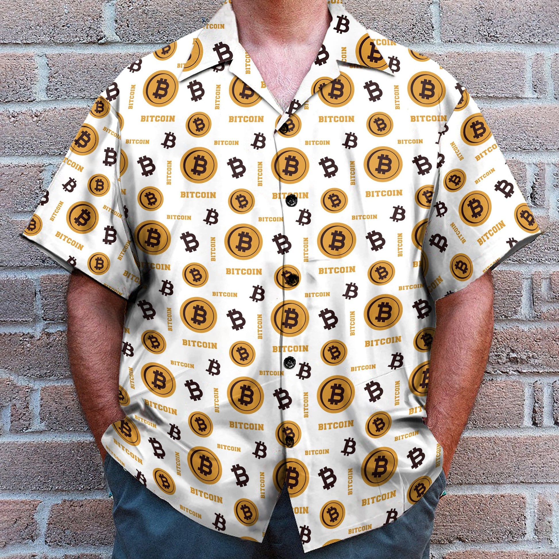Bitcoin Seamless Pattern In White Background - Hawaiian Shirt & Beach Shorts