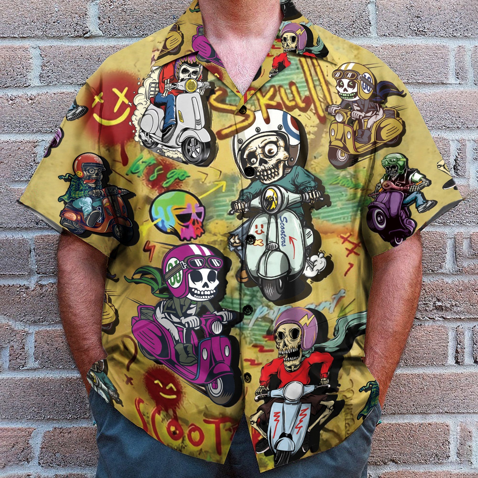 Funny Skull Riding Motorcycle Scooters - Hawaiian Shirt