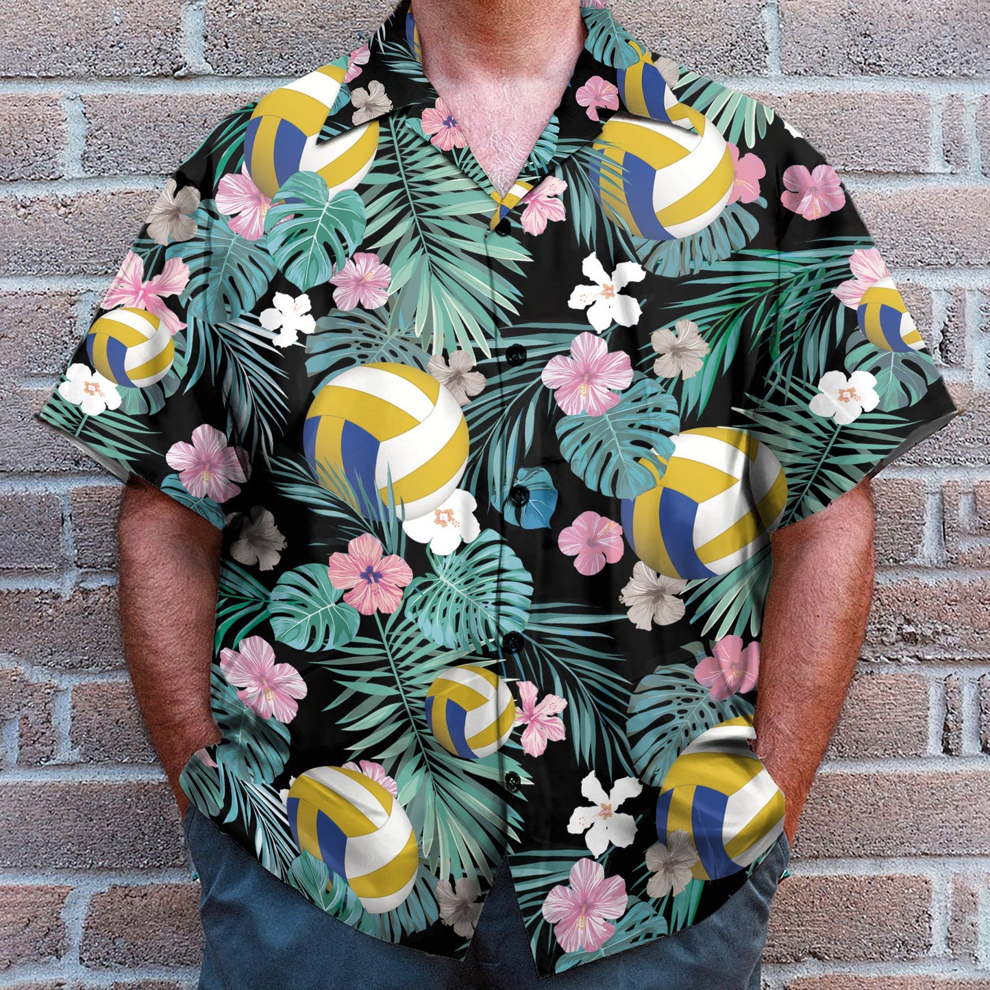 Volleyball Tropical Leaves Pattern - Hawaiian Shirt & Beach Shorts