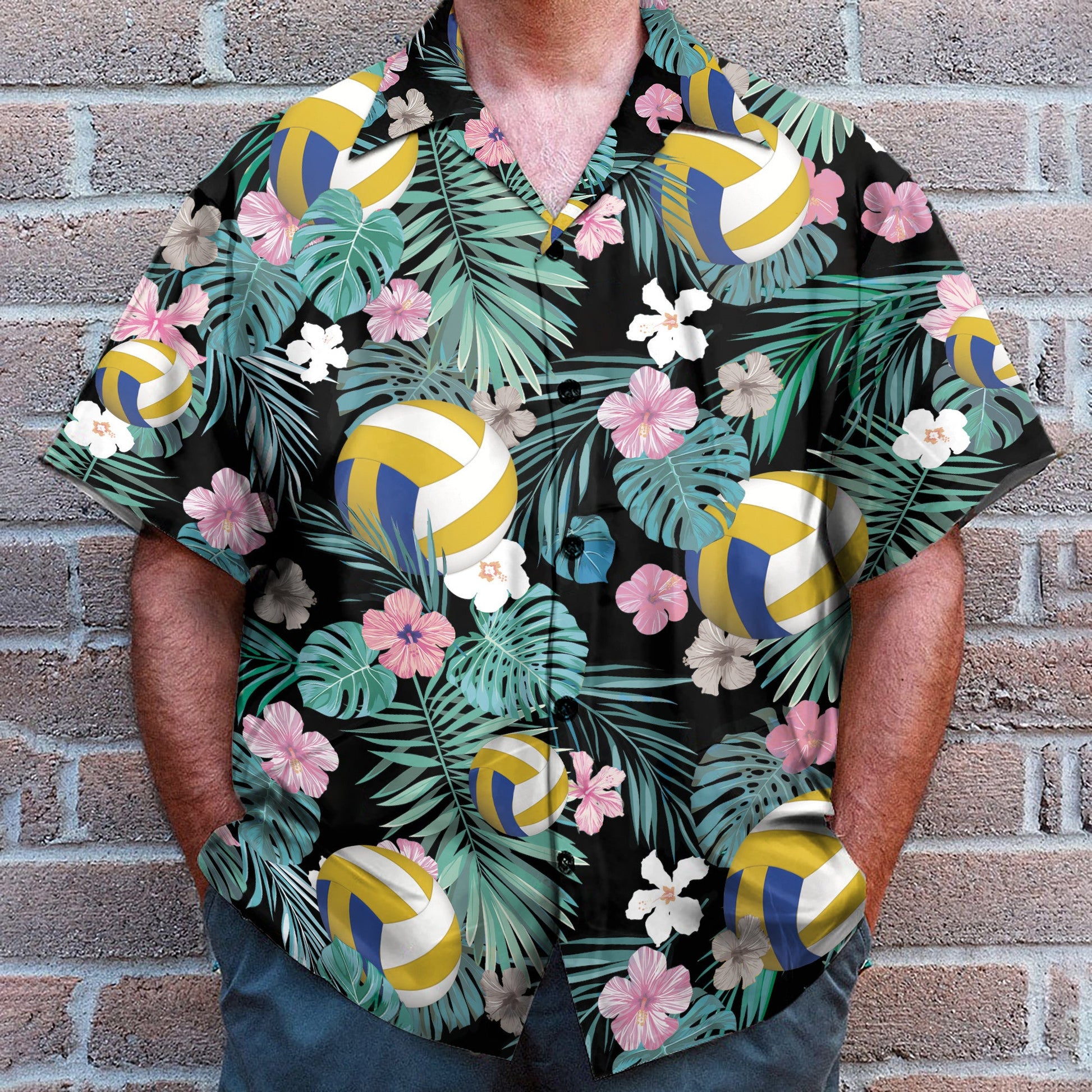 Volleyball Tropical Leaves Pattern - Hawaiian Shirt & Beach Shorts