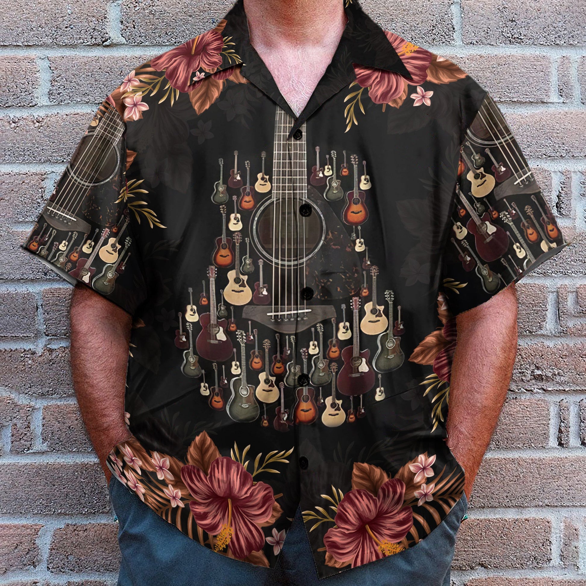 Acoustic Guitar Tropical Flowers - Hawaiian Shirt