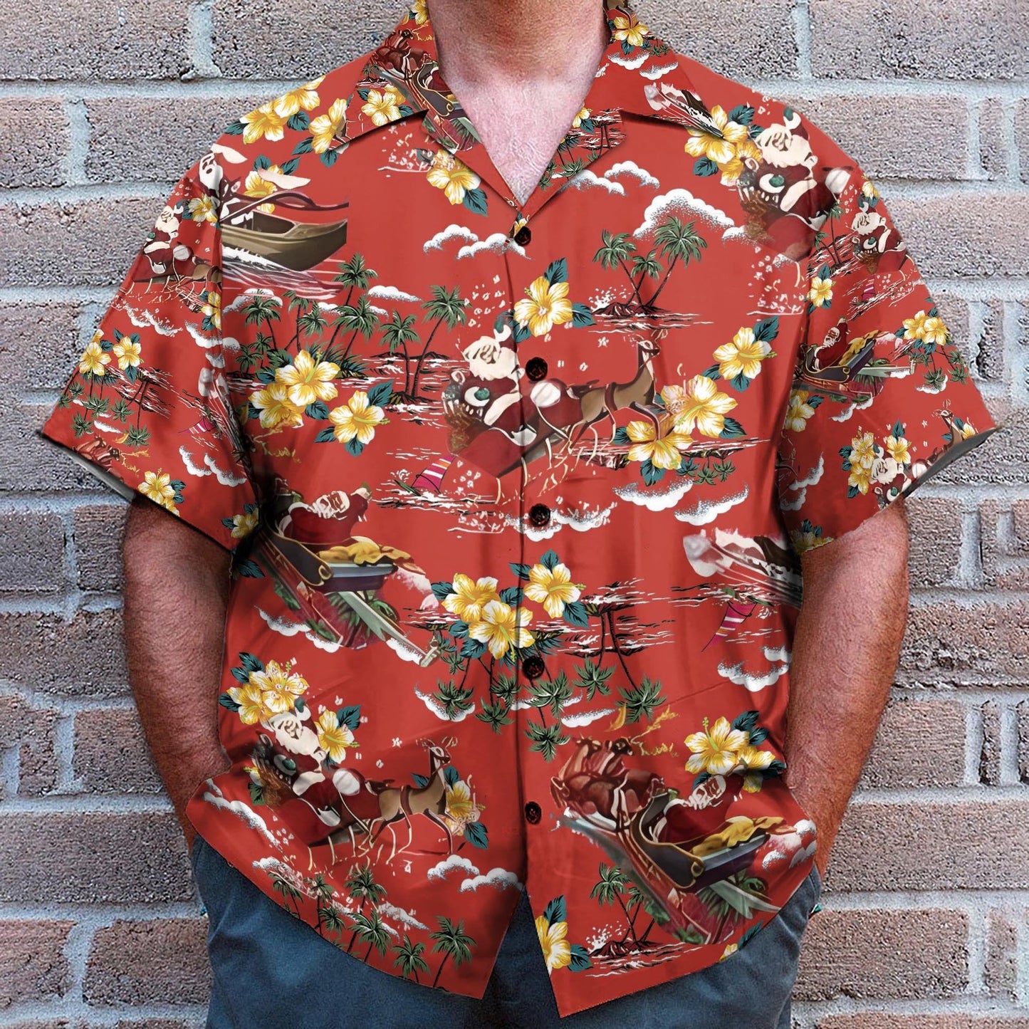Christmas Santa Men's Button's Up Shirts - Hawaiian Shirt & Beach Shorts