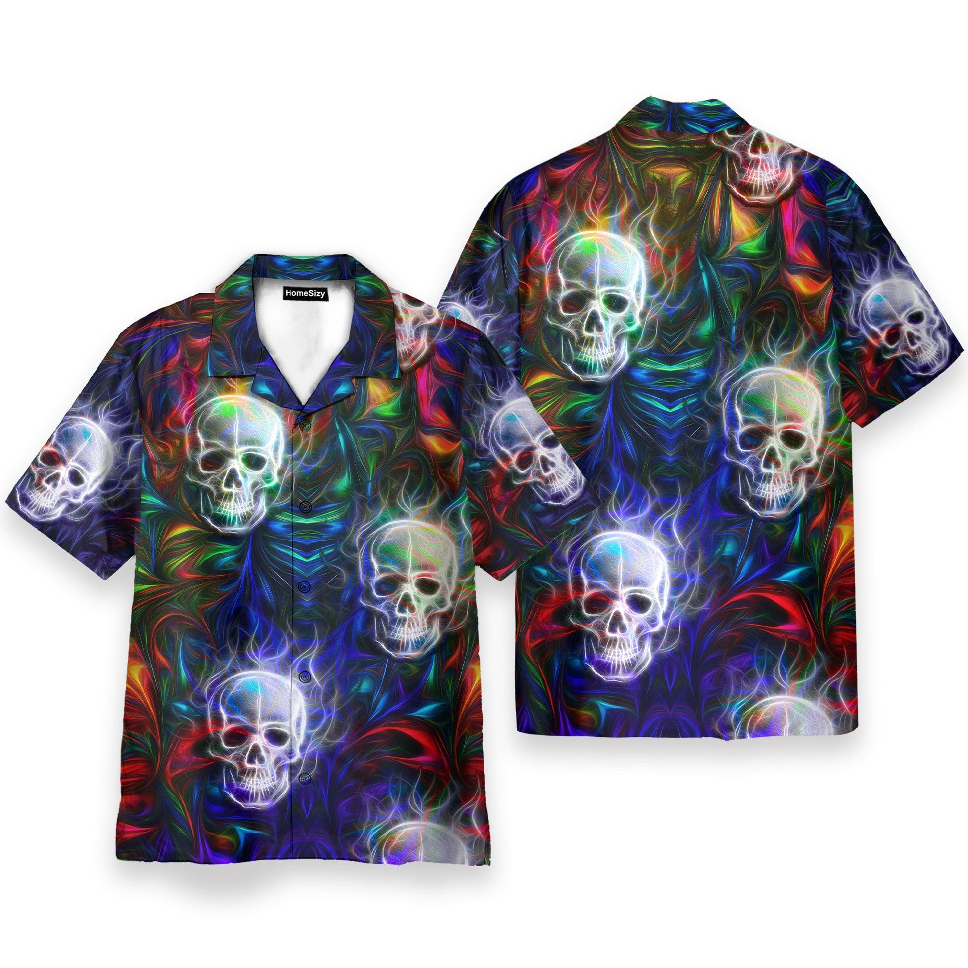 Colorful Fractal Skull Neon Strip Pattern - Hawaiian Shirt