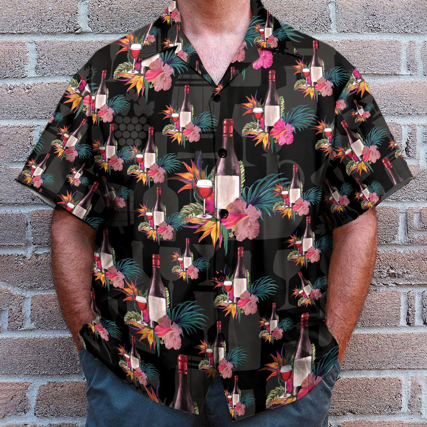 Grape Wine Bottle With Flower Tropical Jungle Pattern - Hawaiian Shirt
