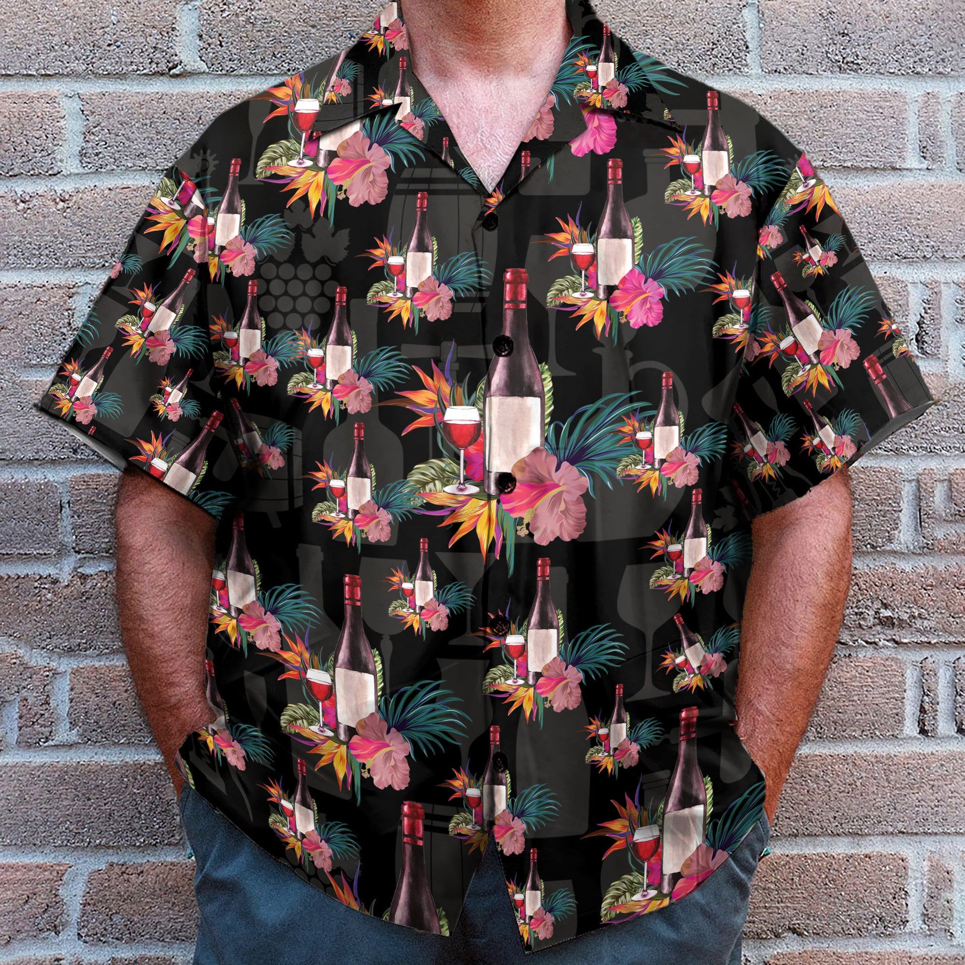 Grape Wine Bottle With Flower Tropical Jungle Pattern - Hawaiian Shirt