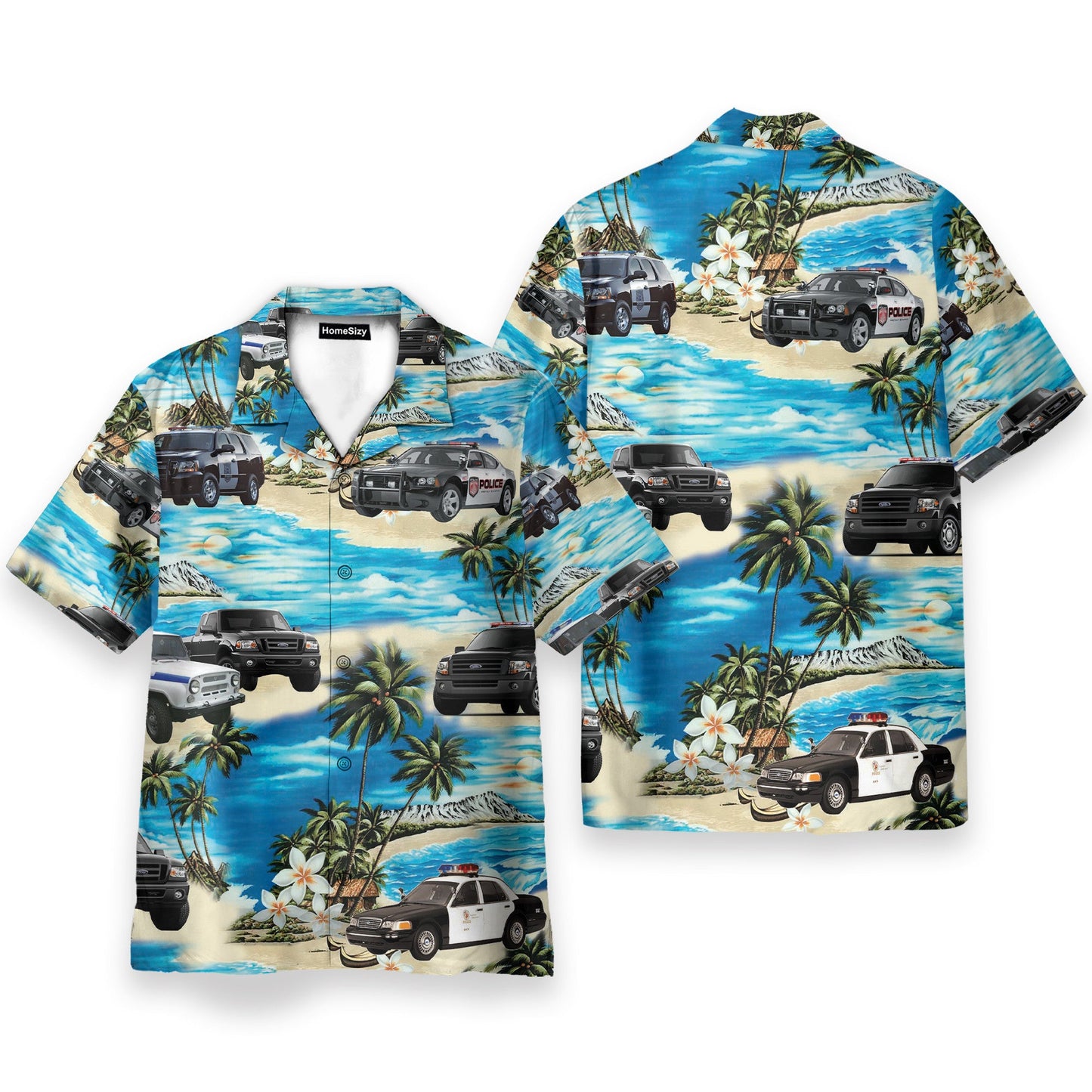 Police Cars On The Beach Tropical - Hawaiian Shirt & Beach Shorts