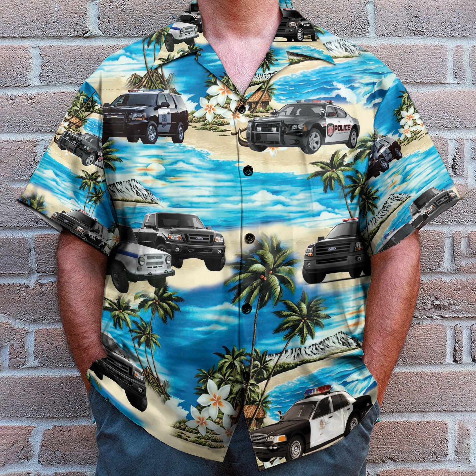 Police Cars On The Beach Tropical - Hawaiian Shirt & Beach Shorts
