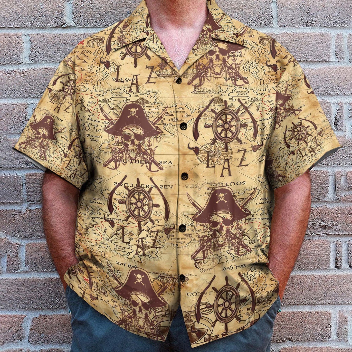 Pirate Skull Vintage Nautical Map Pattern - Hawaiian Shirt & Beach Shorts