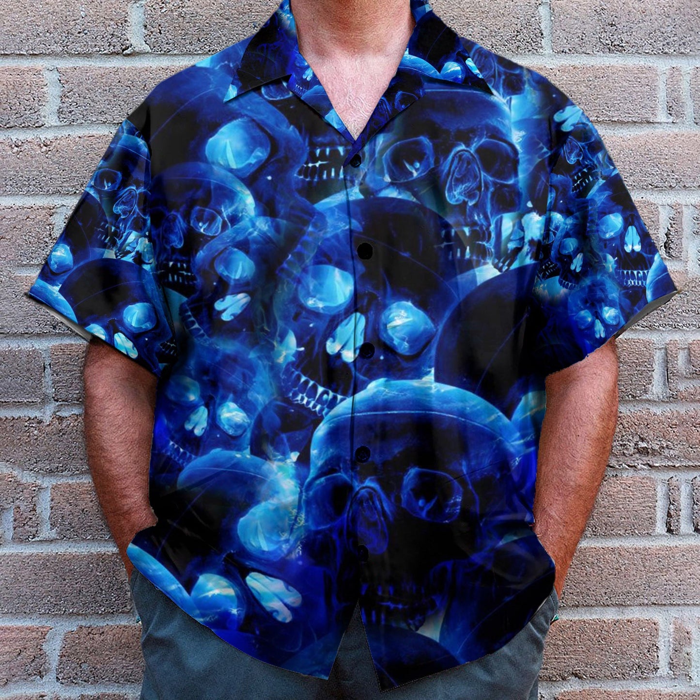 Blue Skull Men's Button Up Shirts - Hawaiian Shirt & Beach Shorts