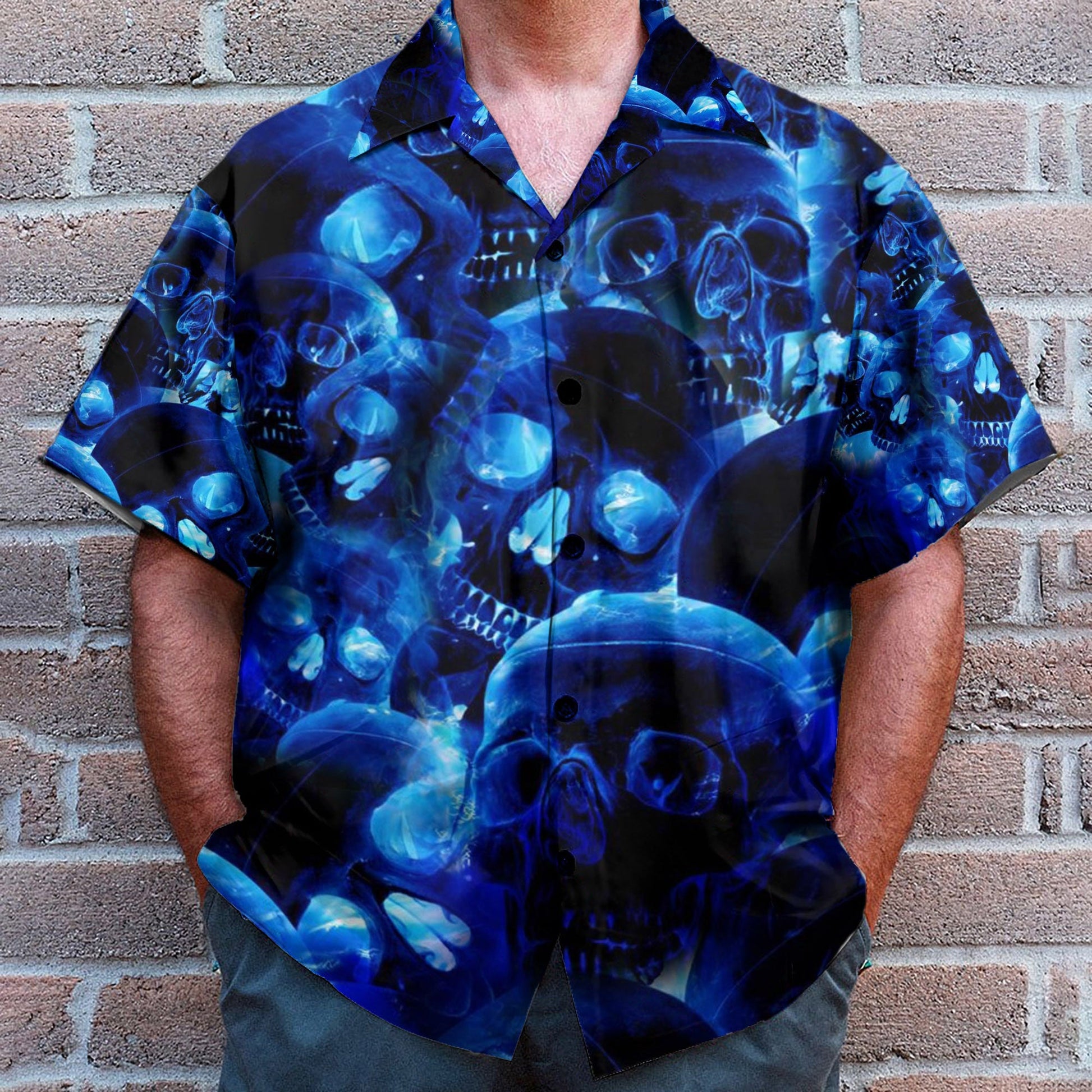 Blue Skull Men's Button Up Shirts - Hawaiian Shirt & Beach Shorts