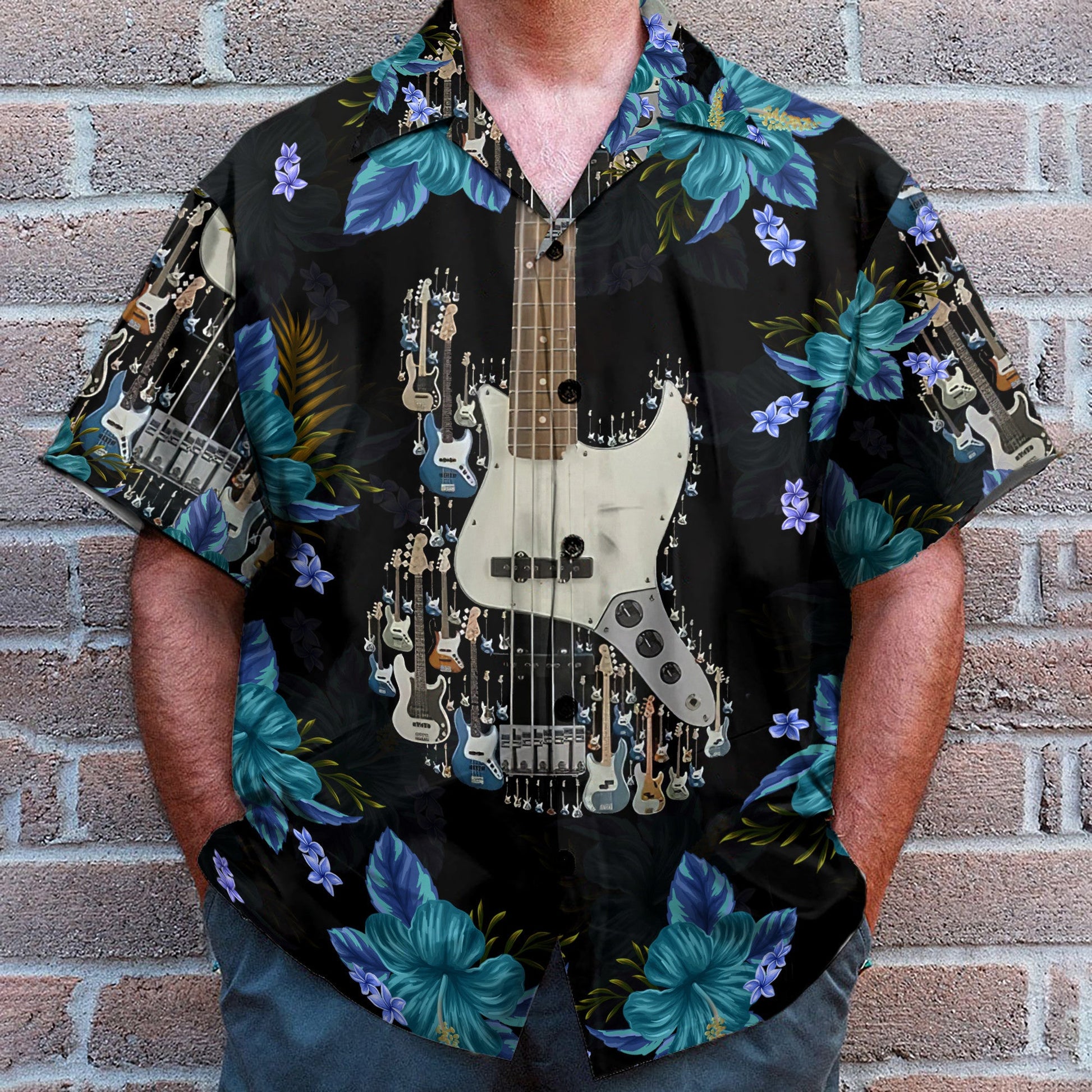 Electric Guitar Floral Tropical Pattern - Hawaiian Shirt