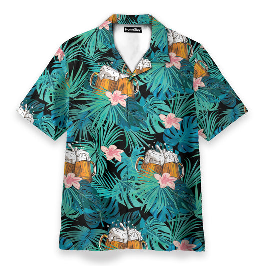 Beer In Tropical Green Leaves - Hawaiian Shirt
