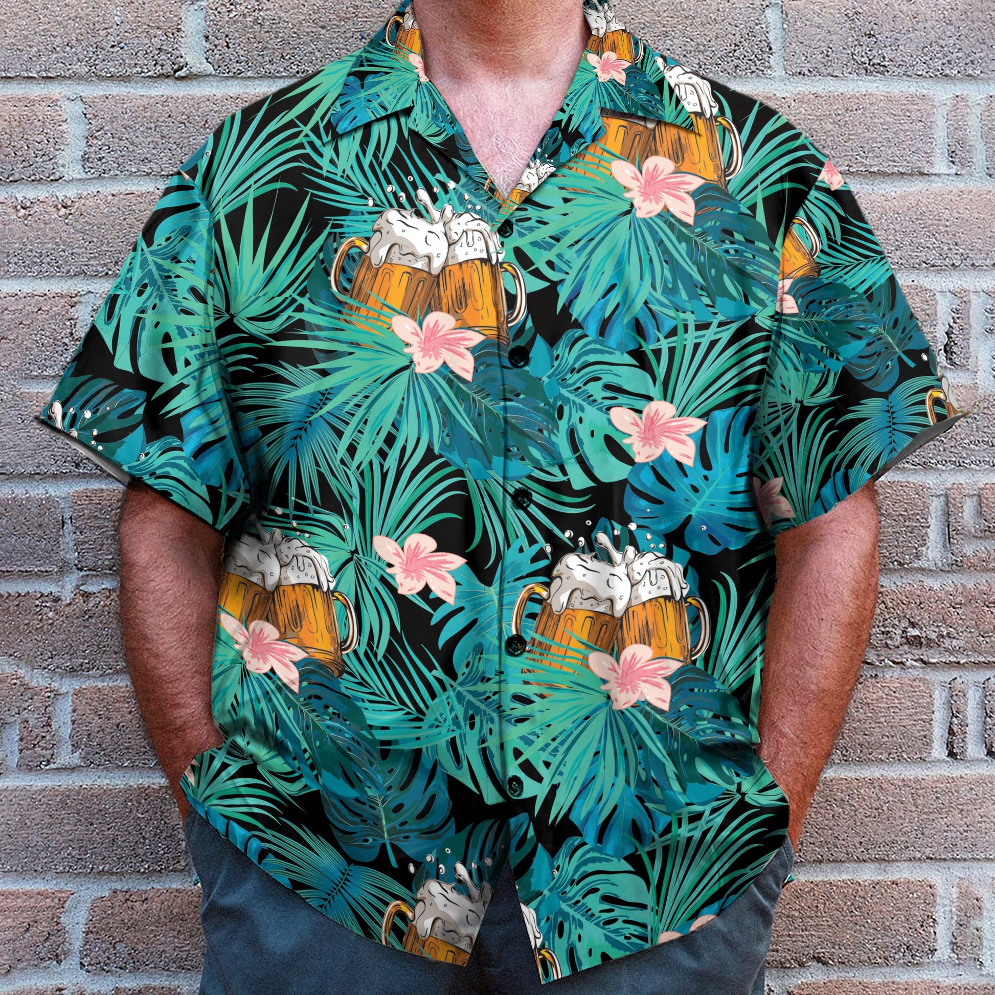 Beer In Tropical Green Leaves - Hawaiian Shirt