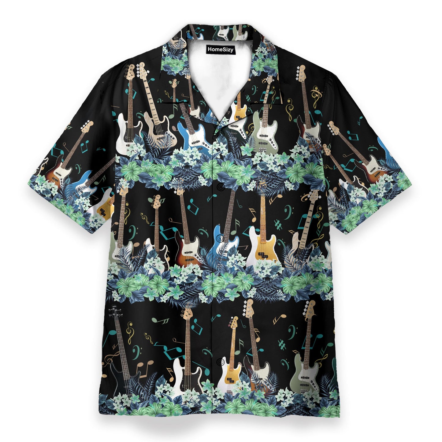 Bass Guitar Tropical Flower Strip Pattern - Hawaiian Shirt