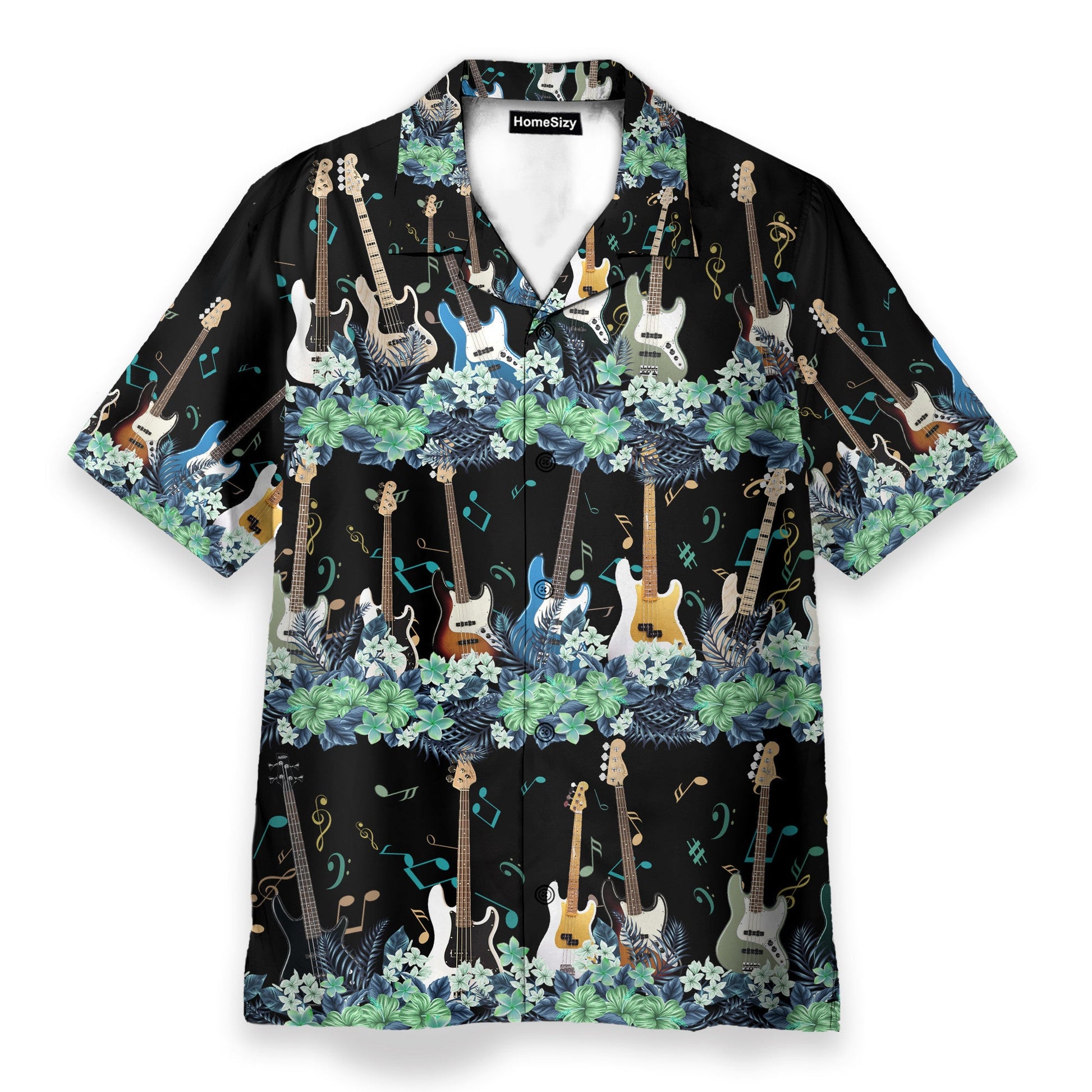 Bass Guitar Tropical Flower Strip Pattern - Hawaiian Shirt