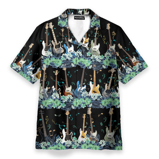 Bass Guitar Tropical Flower Strip Pattern - Hawaiian Shirt