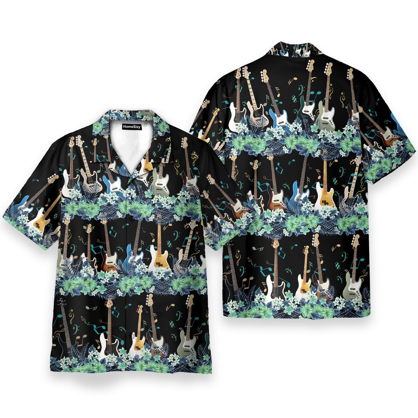 Bass Guitar Tropical Flower Strip Pattern - Hawaiian Shirt