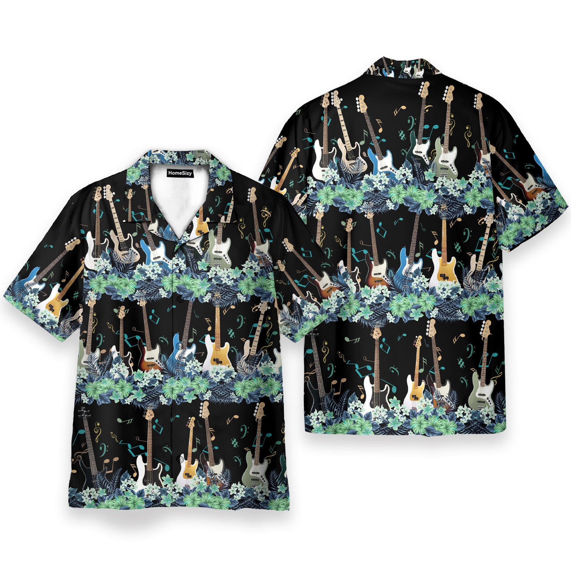 Bass Guitar Tropical Flower Strip Pattern - Hawaiian Shirt