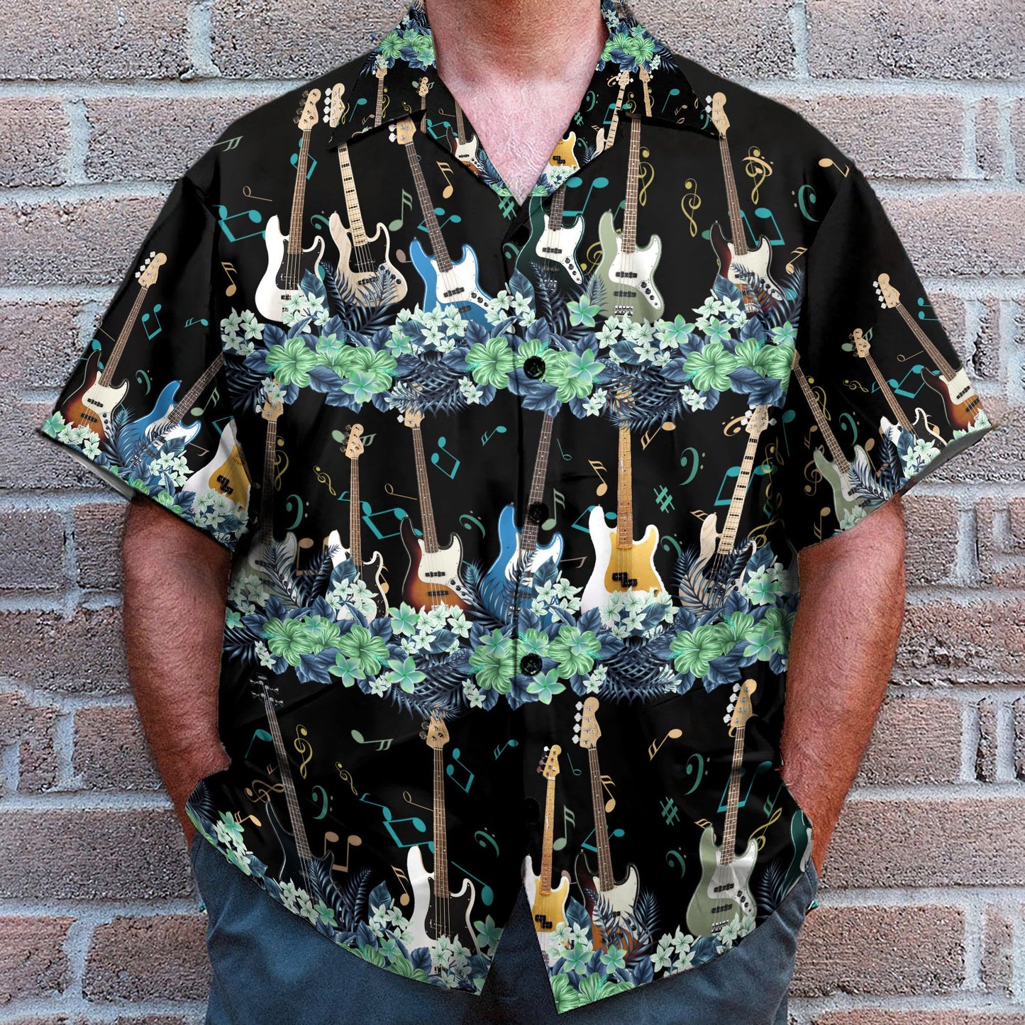 Bass Guitar Tropical Flower Strip Pattern - Hawaiian Shirt