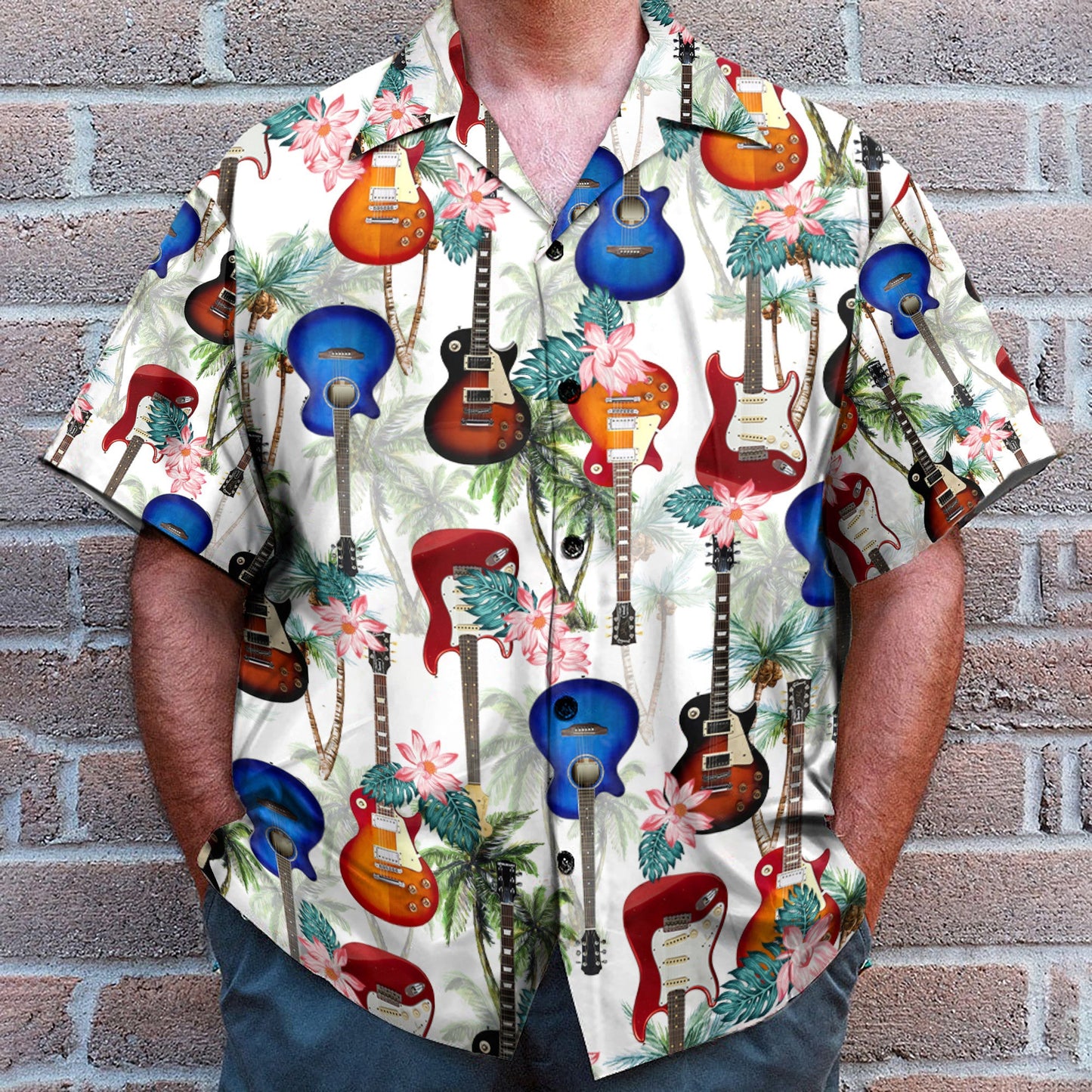 Guitar Tropical Flowers Pattern - Hawaiian Shirt