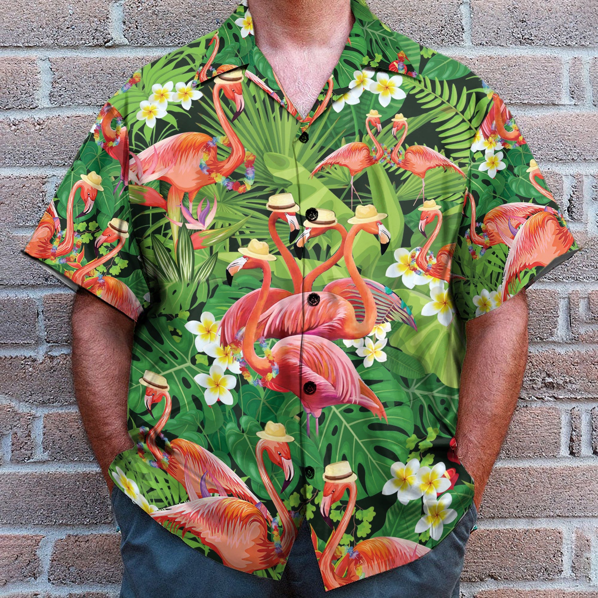 Flamingo In Tropical Green Leaves - Hawaiian Shirt