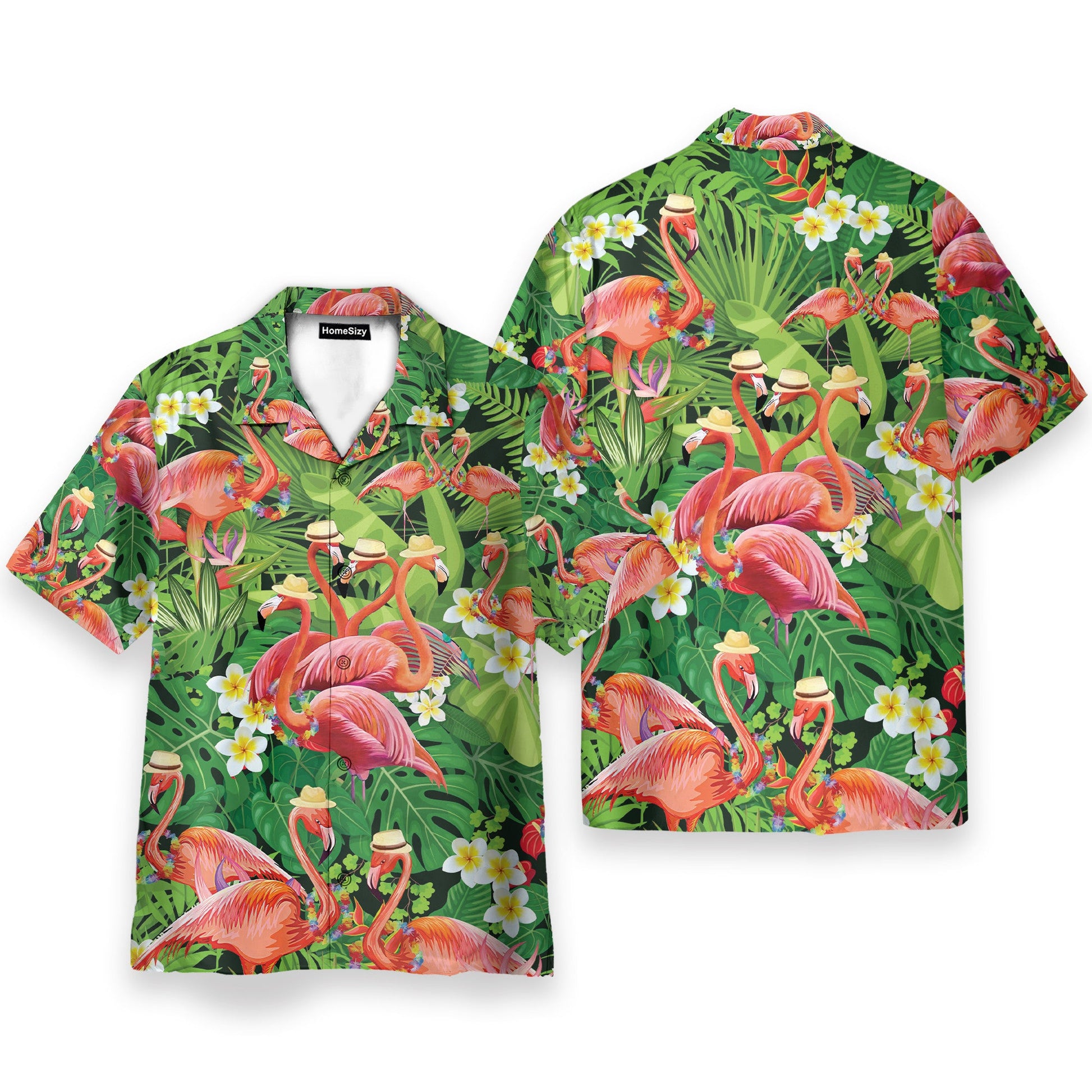 Flamingo In Tropical Green Leaves - Hawaiian Shirt