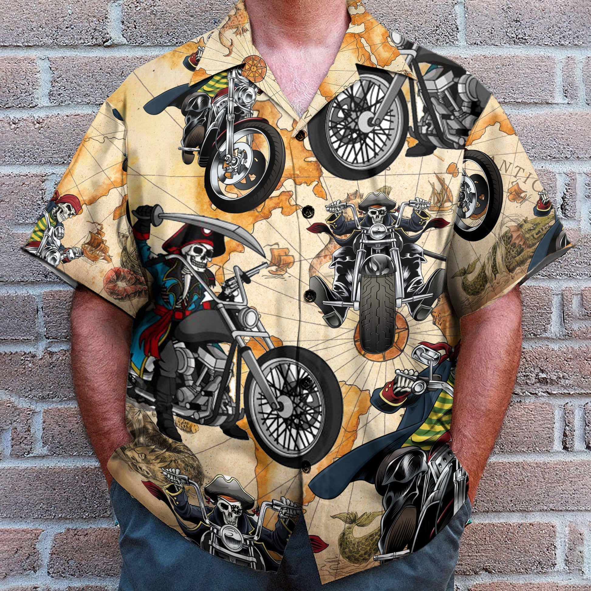 Skull Motorcycle Men's Button's Up Shirts - Hawaiian Shirt & Beach Shorts