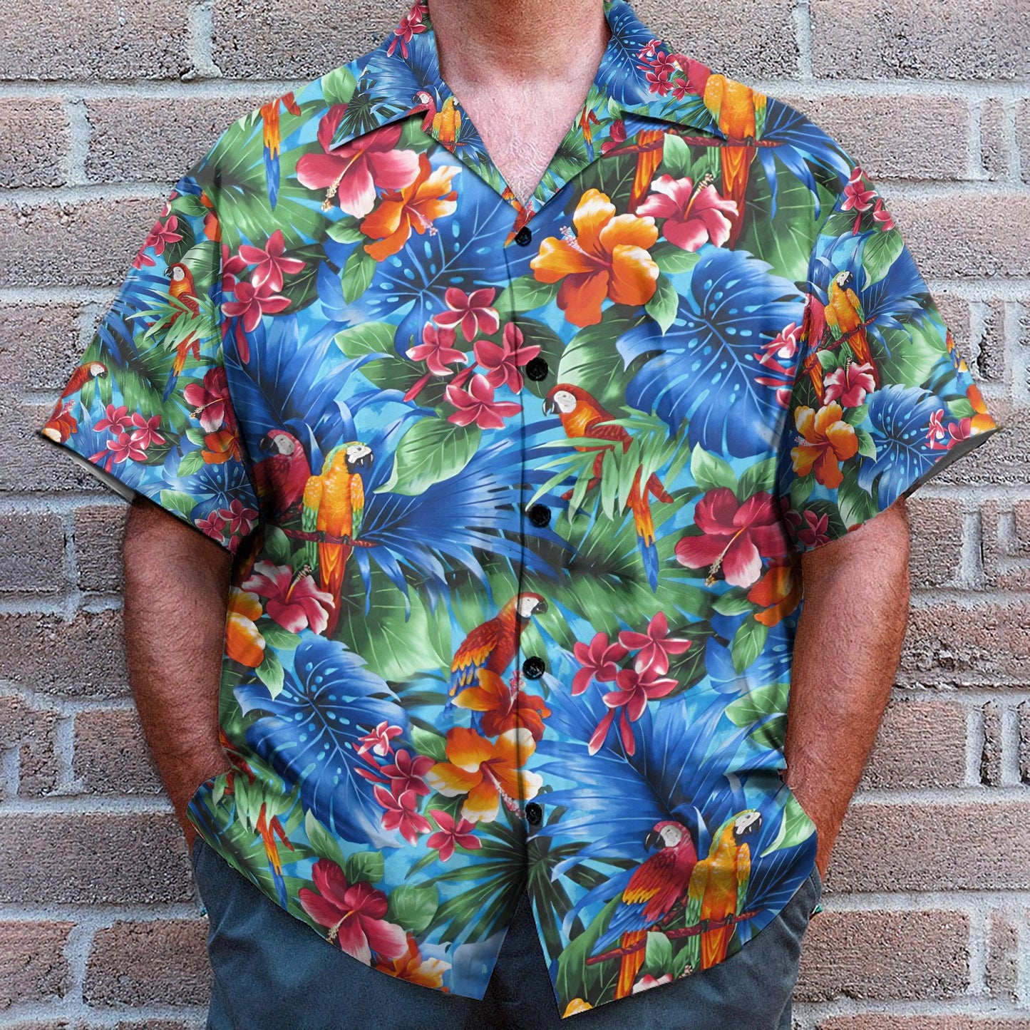 Parrot In Tropical Green Leaves - Hawaiian Shirt & Beach Shorts