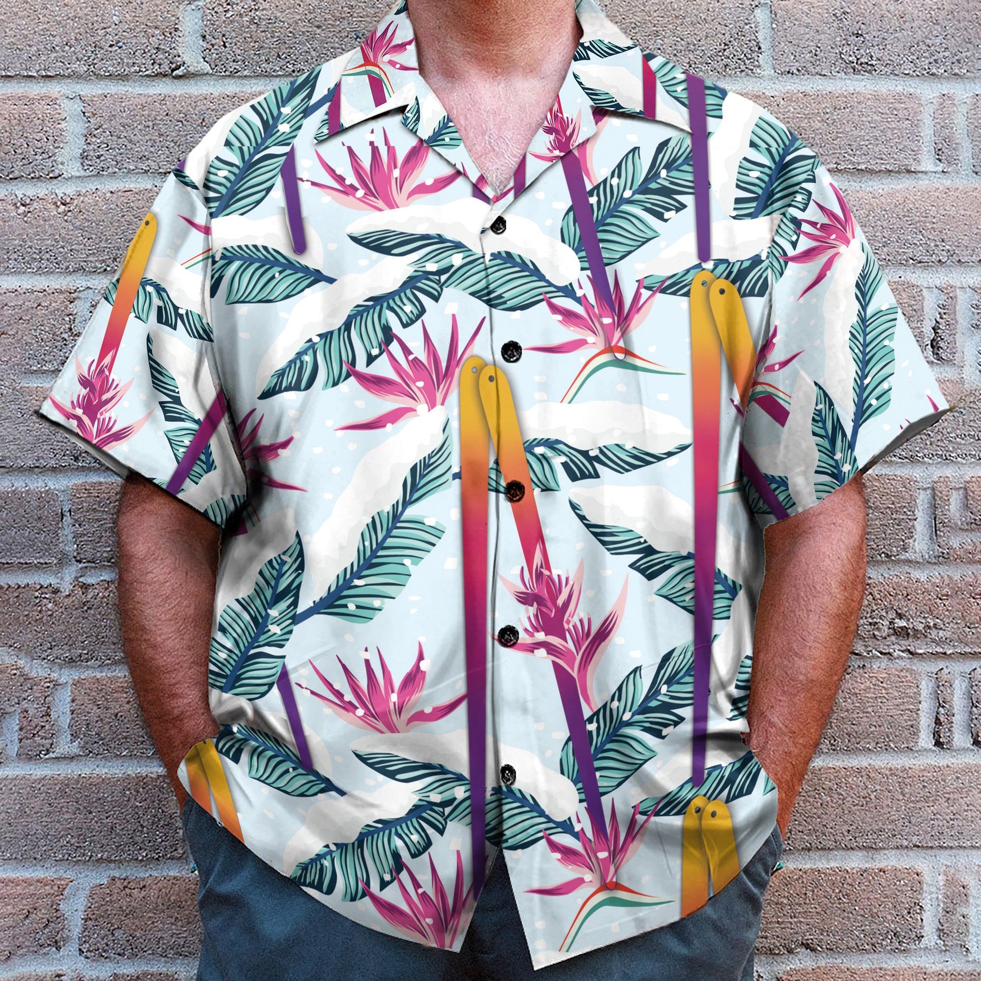 Skiing Palm Tropical Leaves Pattern - Hawaiian Shirt