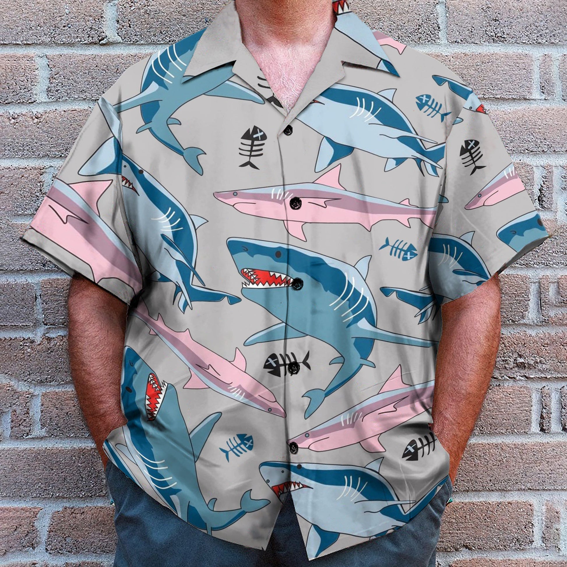 Blue And Pink Shark In The Ocean - Hawaiian Shirt & Beach Shorts