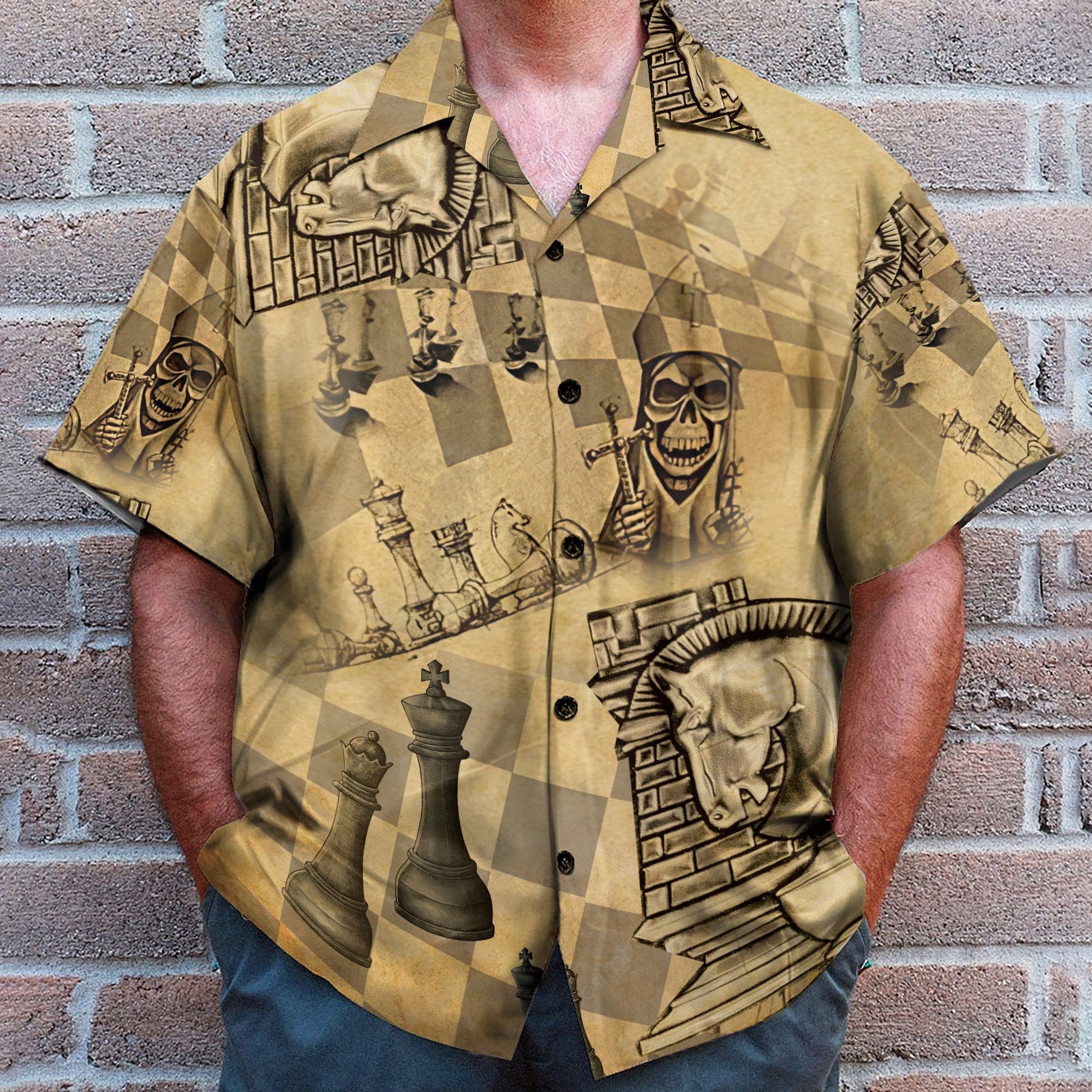 Chess Skull Men's Button's Up Shirts - Hawaiian Shirt & Beach Shorts