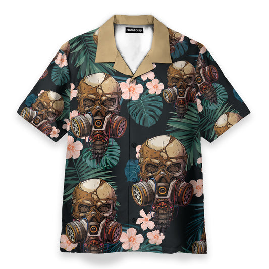 Skull Wearing Gas Mask Tropical Leaves Pattern - Hawaiian Shirt