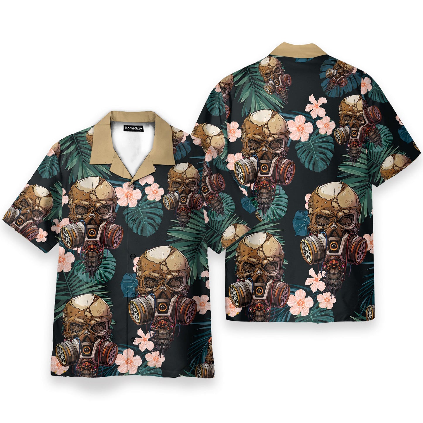 Skull Wearing Gas Mask Tropical Leaves Pattern - Hawaiian Shirt