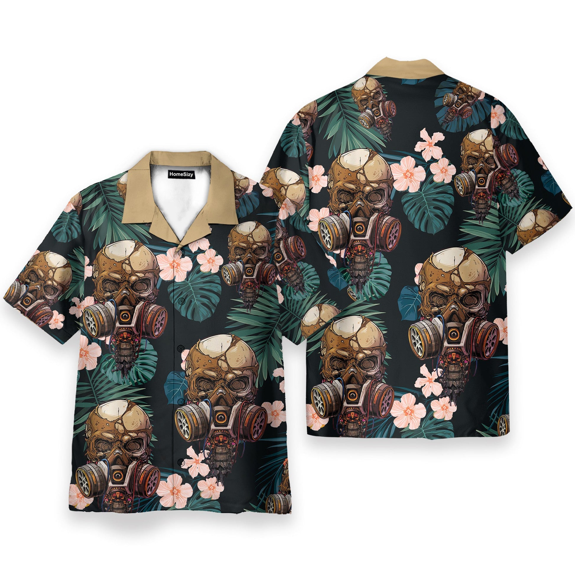 Skull Wearing Gas Mask Tropical Leaves Pattern - Hawaiian Shirt