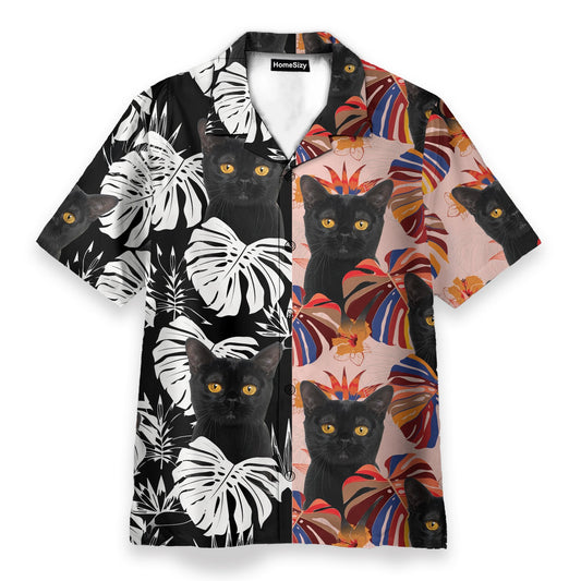 Black Cat Tropical Leaves Pattern - Hawaiian Shirt & Beach Shorts