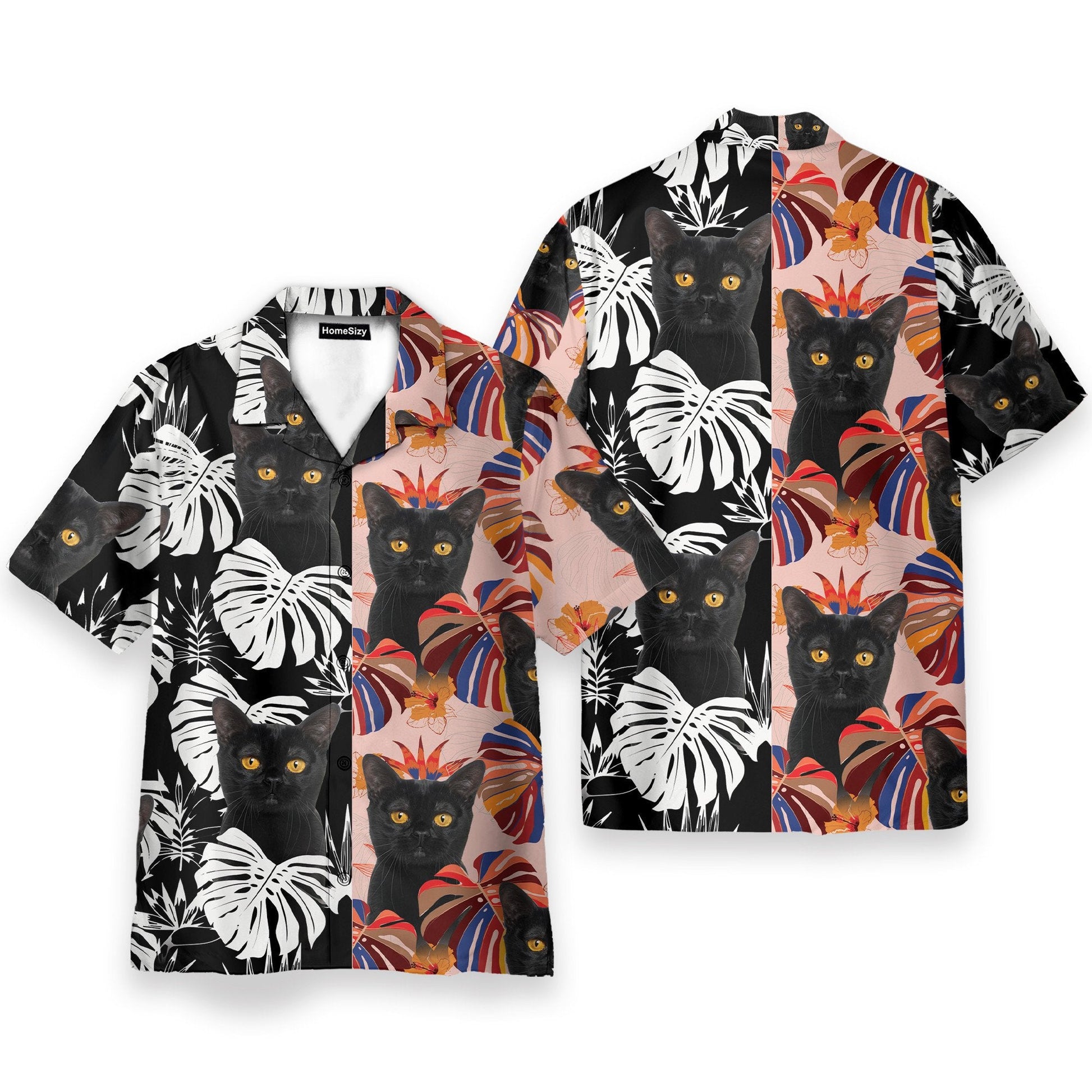 Black Cat Tropical Leaves Pattern - Hawaiian Shirt & Beach Shorts