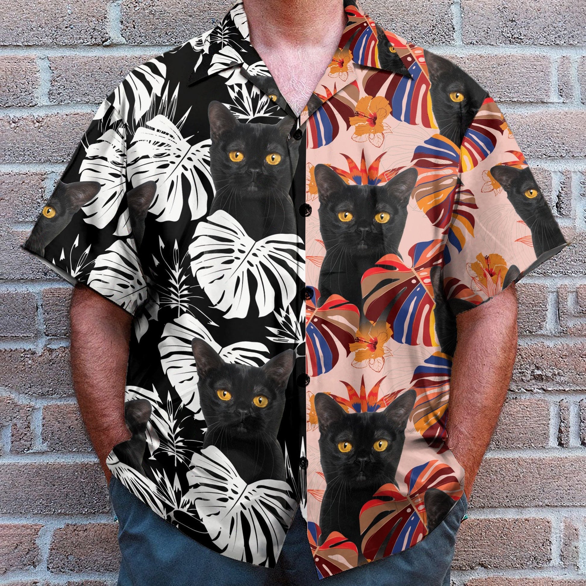 Black Cat Tropical Leaves Pattern - Hawaiian Shirt & Beach Shorts