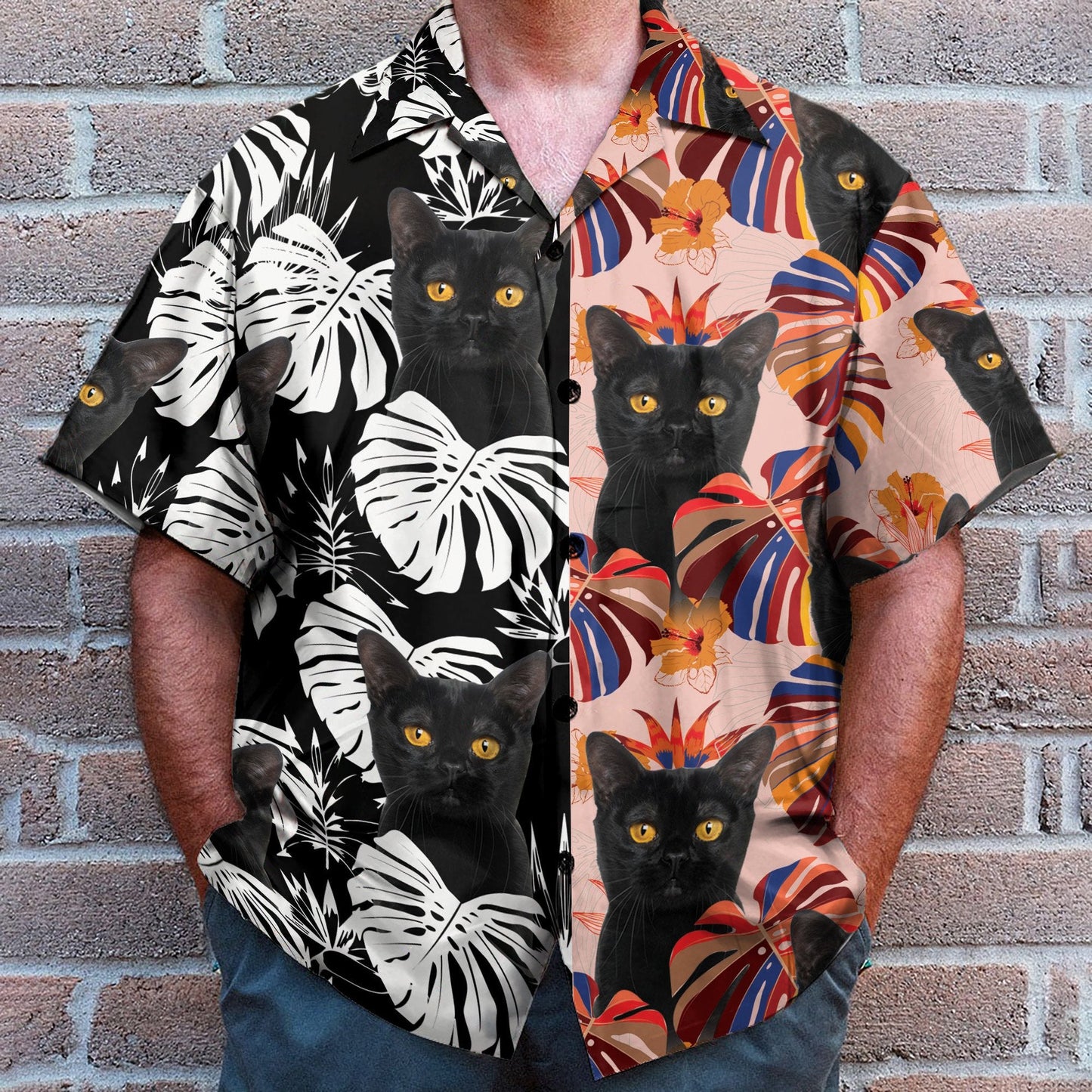 Black Cat Tropical Leaves Pattern - Hawaiian Shirt & Beach Shorts