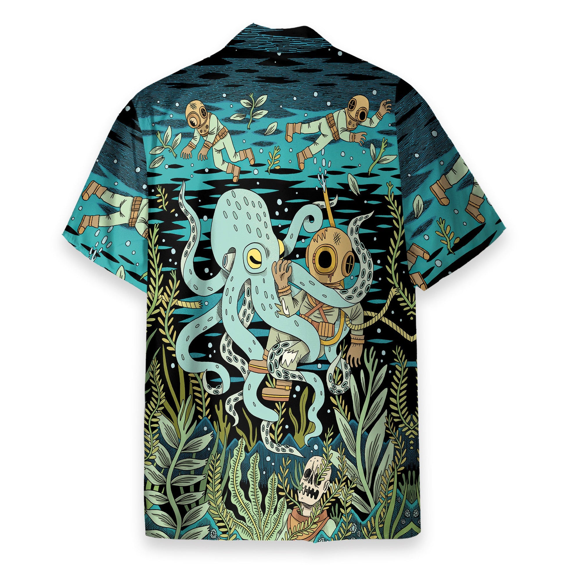 Diver Fighting With Octopus Dark Ocean Pattern - Hawaiian Shirt