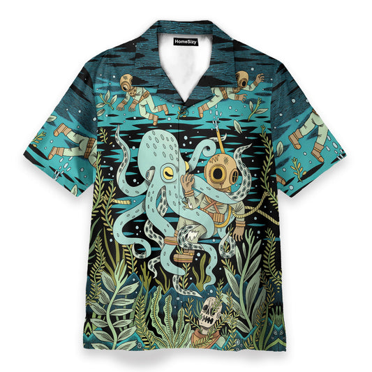 Diver Fighting With Octopus Dark Ocean Pattern - Hawaiian Shirt