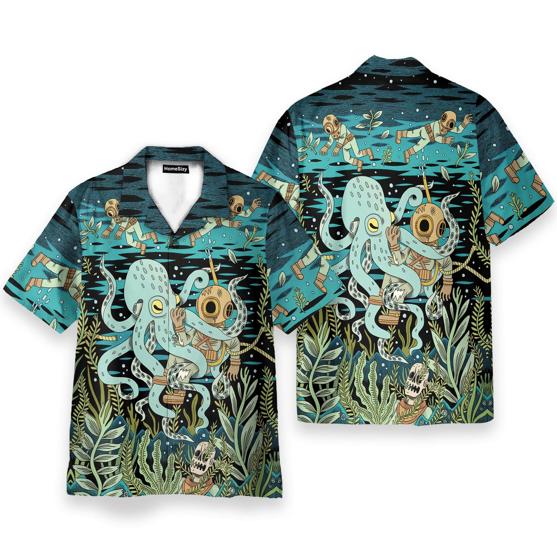 Diver Fighting With Octopus Dark Ocean Pattern - Hawaiian Shirt