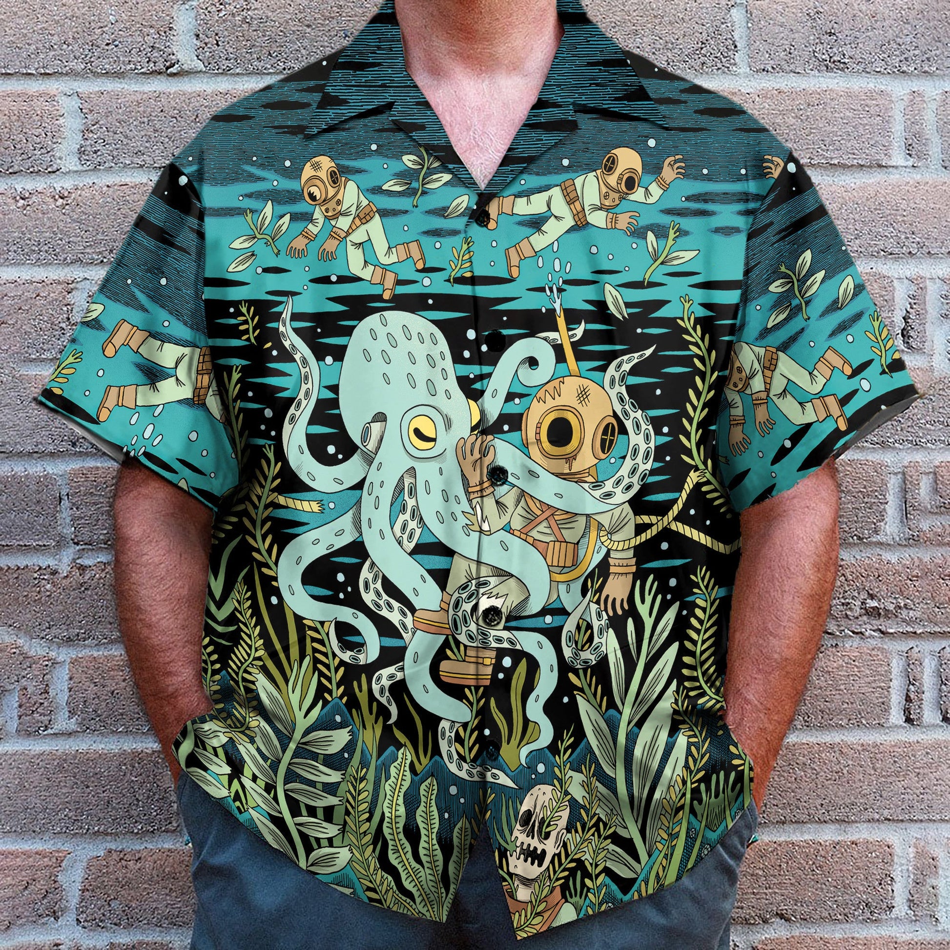 Diver Fighting With Octopus Dark Ocean Pattern - Hawaiian Shirt