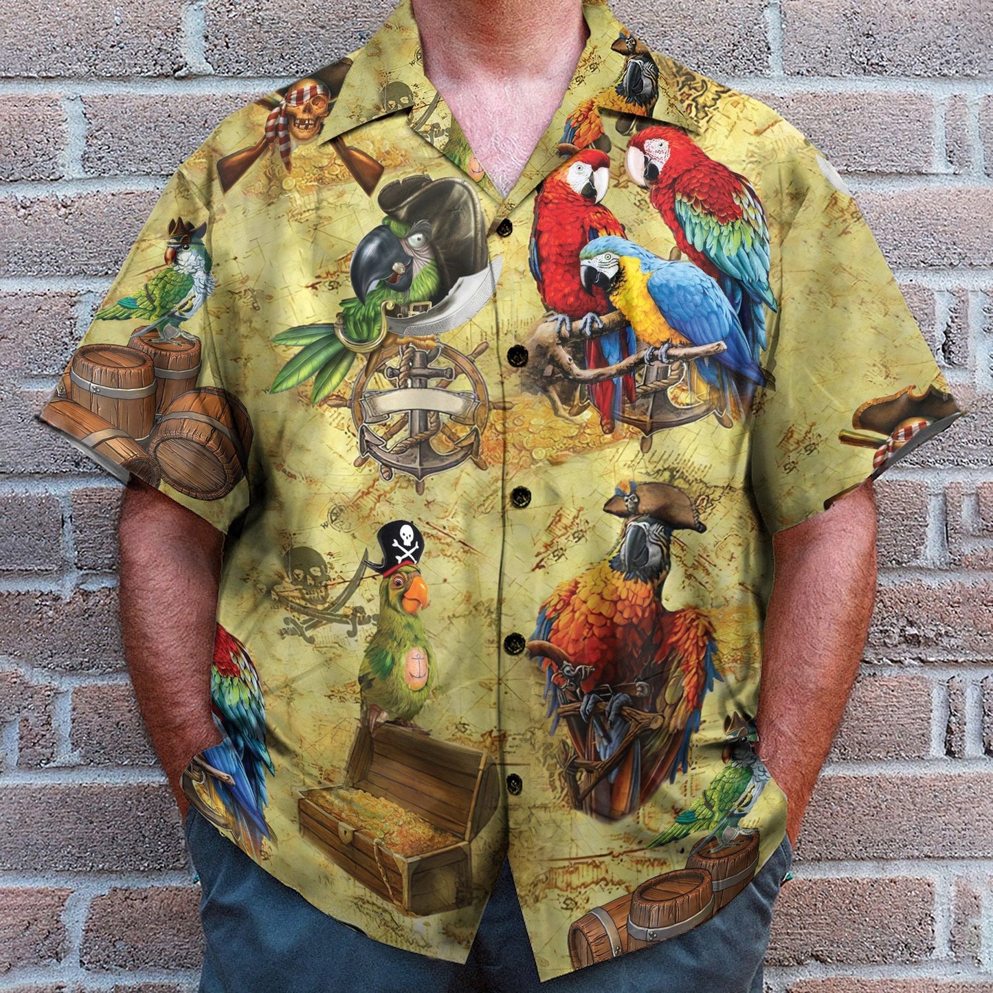 Pirate Parrot Men's Button's Up Shirts - Hawaiian Shirt & Beach Shorts