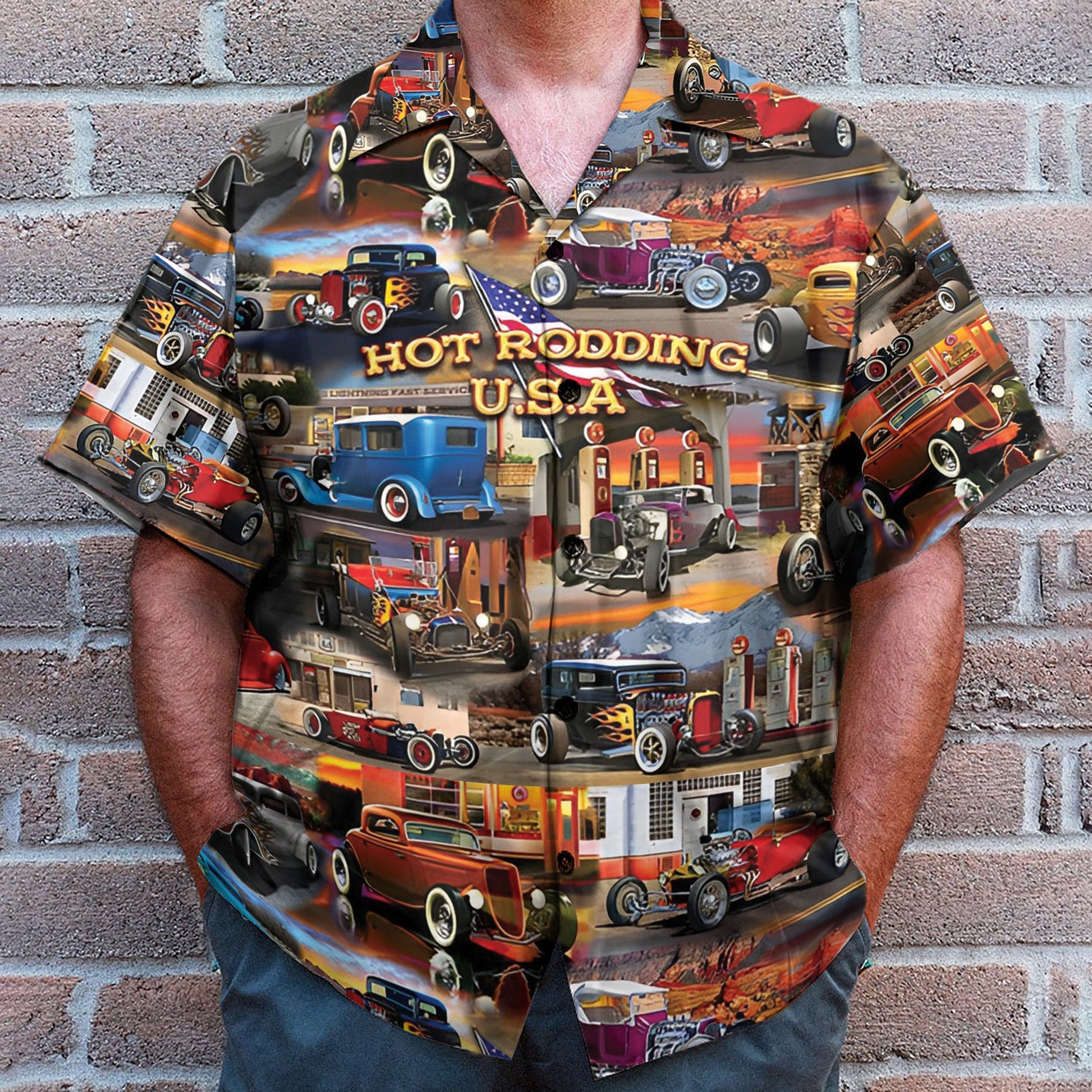 Hot Rodding USA Car Men's Button's Up Shirts - Hawaiian Shirt