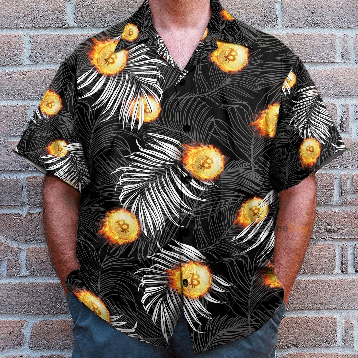 Bitcoin Flame And Tropical Pattern - Hawaiian Shirt & Beach Shorts
